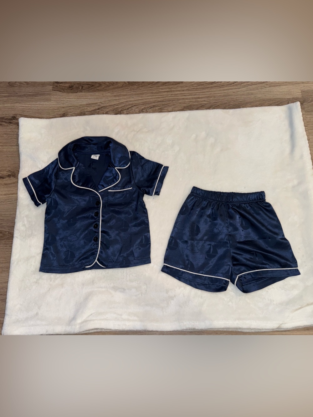 SHEIN Navy Blue Satin Short Sleeve Pajama Set with White Piping